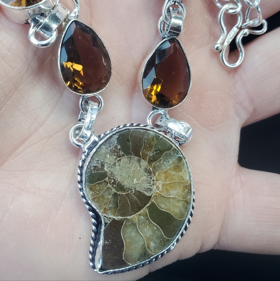New Ammonite Fossil and Smoky Topaz 925 Silver Necklace. - Picture 6 of 15